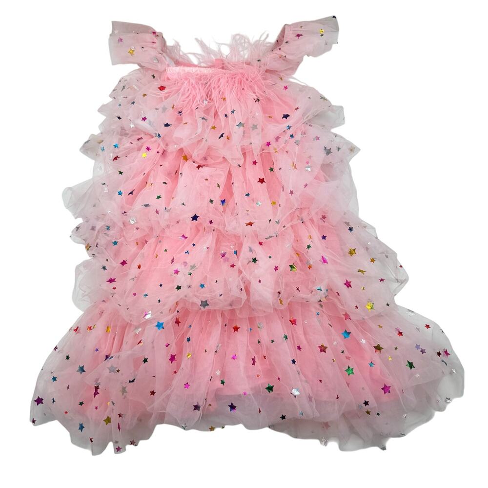 Lola + The Boys Pink Feather Rainbow Stars Tulle Dress, Size 14